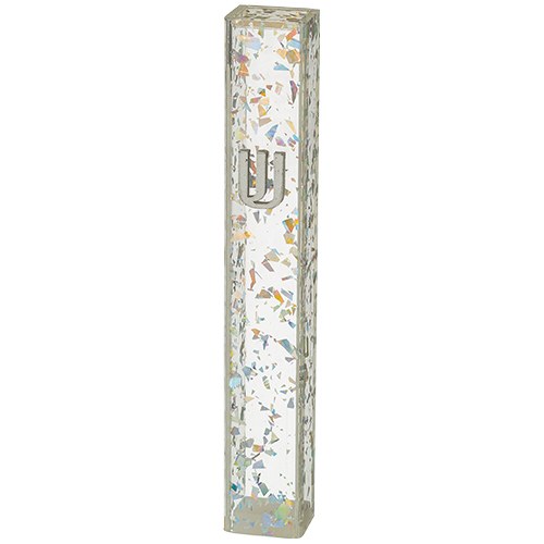 Perspex Mezuzah Case Glitter Design Embossed Silver Shin Silver